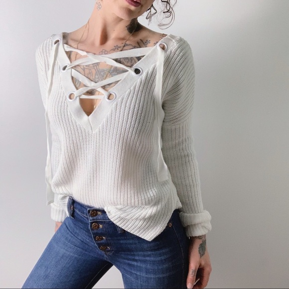 Garage Sweaters - ♠️ GARAGE Lace Neck White Sweater
